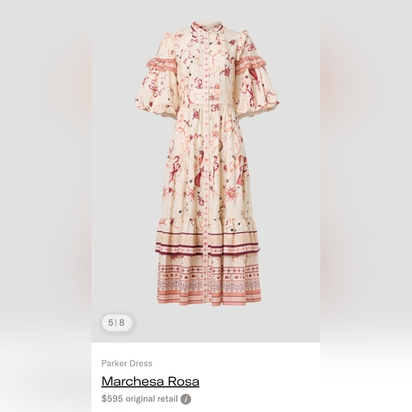 Marchesa Rosa Parker Midi Dress Button Down Puff Sleeve Cream Red Sz 8 - Picture 3 of 15